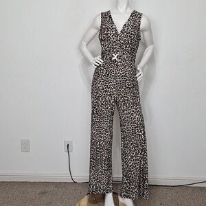Pinc "NEW" Black Tan Animal Print Front Ring Wide Leg Mobwife Jumpsuit Size XL